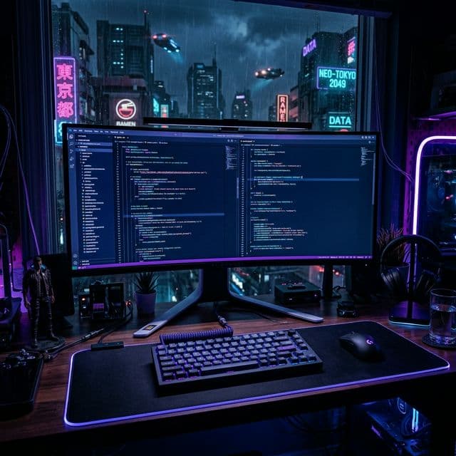 Cyberpunk workstation setup with neon lighting